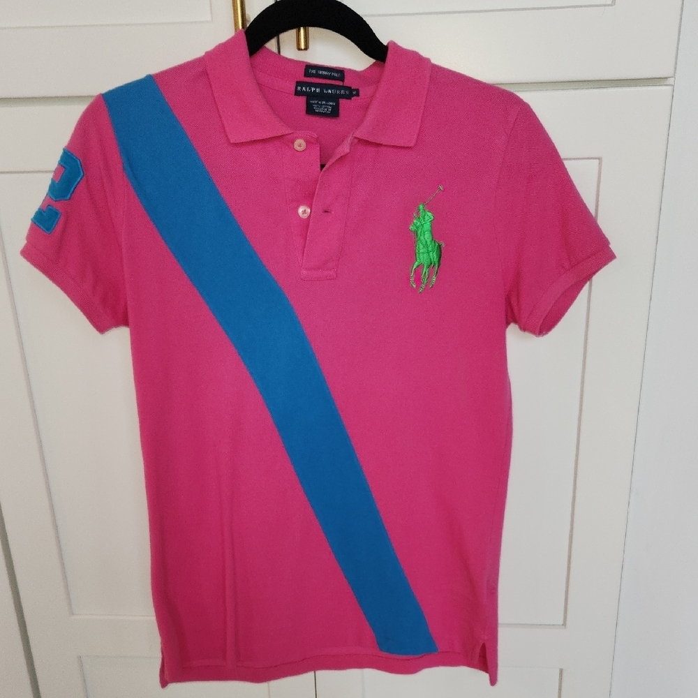 Ralph Lauren Skinny Pink Polo Shirt with Blue Stripe